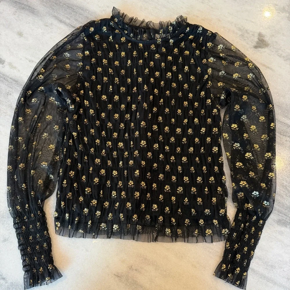 Zara Girls Size 10 Black & Gold‎ Sheer Sleeves Long Sleeve Top